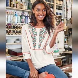 Boden White Blouse with Red and Green Embroidery